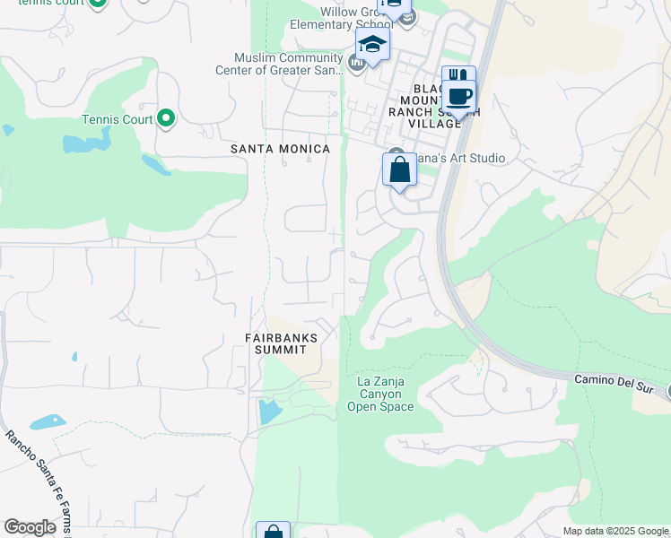 map of restaurants, bars, coffee shops, grocery stores, and more near 7425 Rancho Cabrillo Trail in San Diego