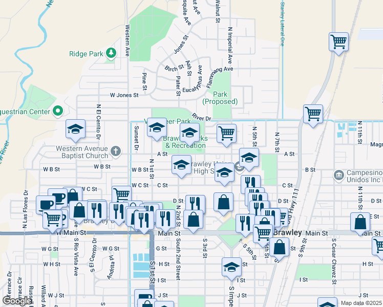 map of restaurants, bars, coffee shops, grocery stores, and more near 213 B Street in Brawley