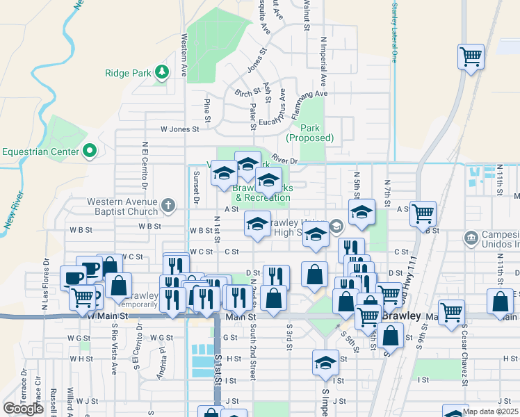 map of restaurants, bars, coffee shops, grocery stores, and more near 213 B Street in Brawley