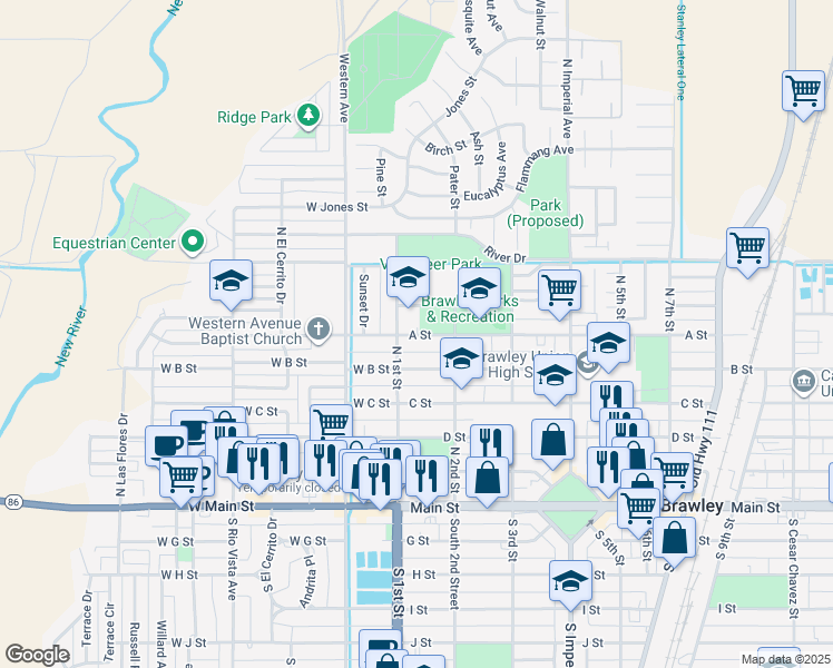 map of restaurants, bars, coffee shops, grocery stores, and more near 149 B Street in Brawley