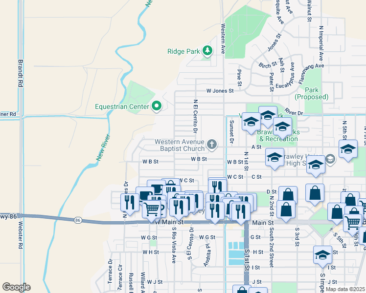 map of restaurants, bars, coffee shops, grocery stores, and more near 331 West B Street in Brawley