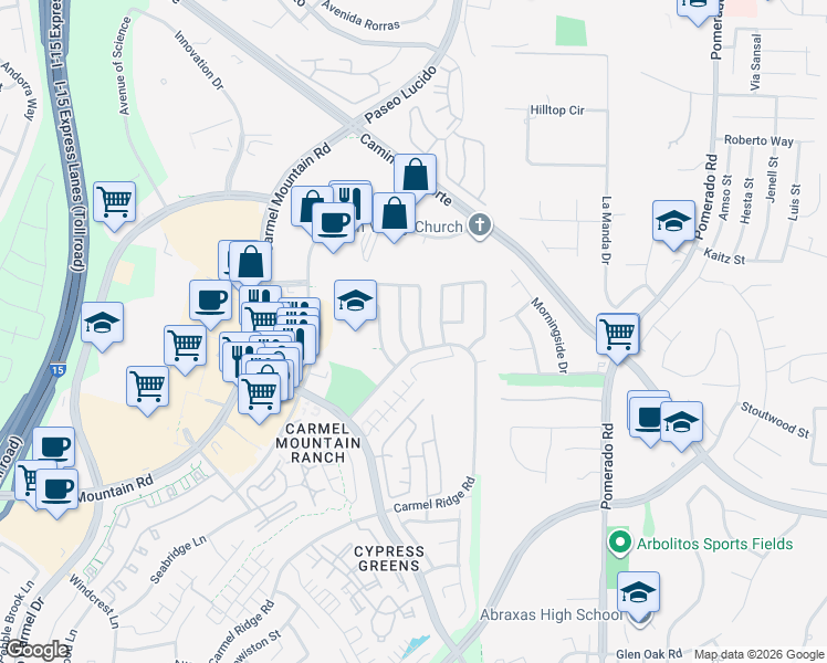 map of restaurants, bars, coffee shops, grocery stores, and more near 14813 Waverly Downs Way in San Diego