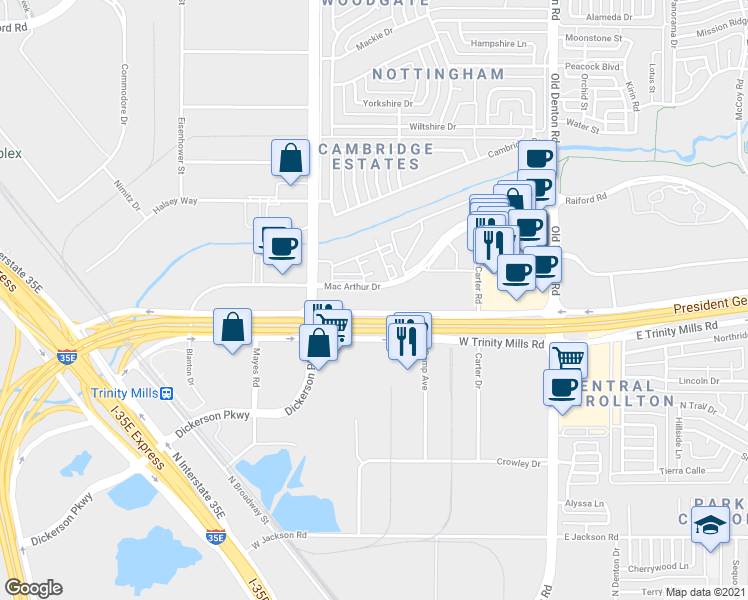 map of restaurants, bars, coffee shops, grocery stores, and more near 1220 West Trinity Mills Road in Carrollton