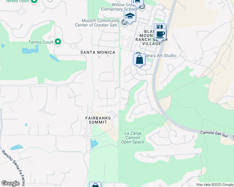map of restaurants, bars, coffee shops, grocery stores, and more near 7425 Rancho Cabrillo Trail in San Diego