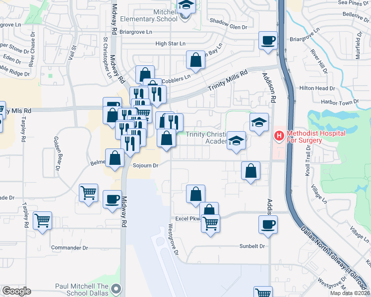 map of restaurants, bars, coffee shops, grocery stores, and more near 17007 Upper Bay Road in Addison