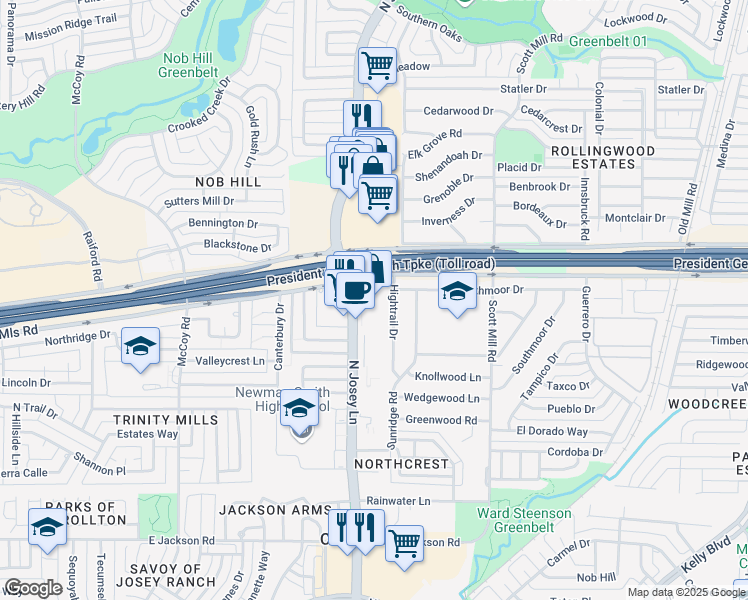 map of restaurants, bars, coffee shops, grocery stores, and more near 1910 East Trinity Mills Road in Carrollton