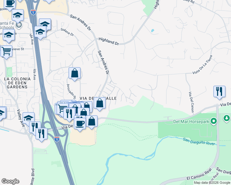 map of restaurants, bars, coffee shops, grocery stores, and more near 14778 Caminito Punta Arenas in Del Mar