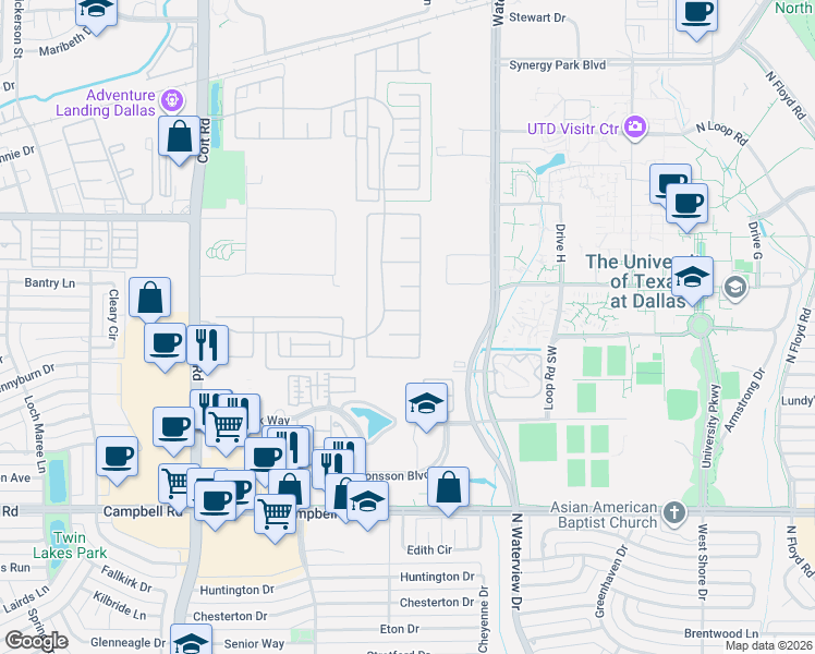 map of restaurants, bars, coffee shops, grocery stores, and more near 8205 Plumbago Way in Dallas