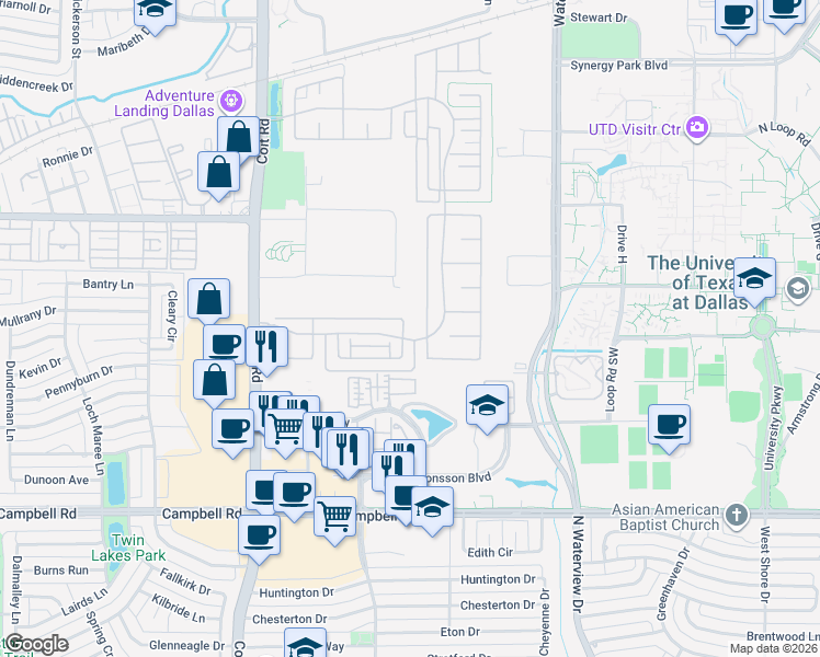 map of restaurants, bars, coffee shops, grocery stores, and more near 8205 Plumbago Way in Dallas