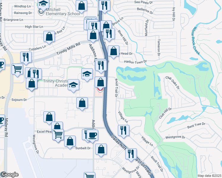 map of restaurants, bars, coffee shops, grocery stores, and more near 17250 Dallas Parkway in Dallas