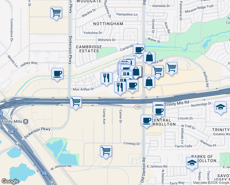 map of restaurants, bars, coffee shops, grocery stores, and more near 1100 West Trinity Mills Road in Carrollton