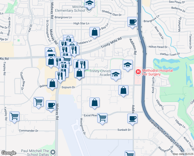 map of restaurants, bars, coffee shops, grocery stores, and more near 17113 Upper Bay Road in Addison