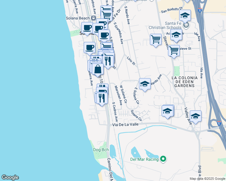 map of restaurants, bars, coffee shops, grocery stores, and more near 650 South Cedros Avenue in Solana Beach