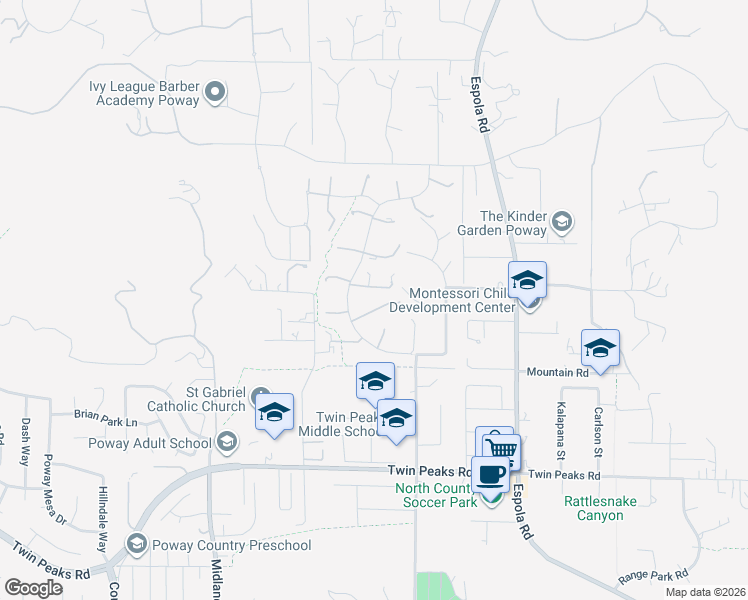 map of restaurants, bars, coffee shops, grocery stores, and more near 14963 Huntington Gate Drive in Poway