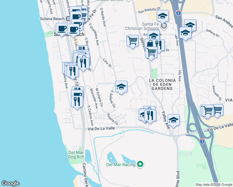 map of restaurants, bars, coffee shops, grocery stores, and more near 638 East Solana Circle in Solana Beach