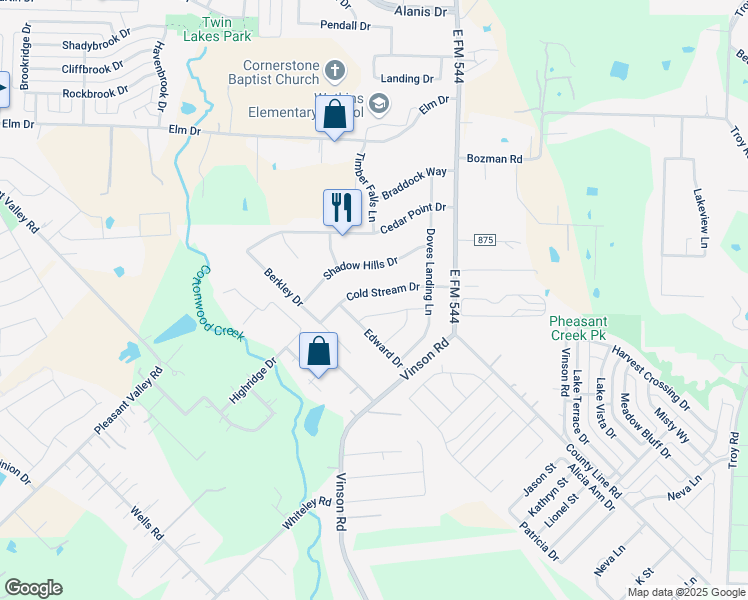map of restaurants, bars, coffee shops, grocery stores, and more near 1301 Cold Stream Drive in Wylie