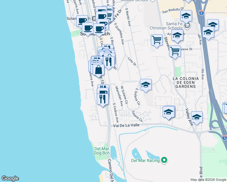 map of restaurants, bars, coffee shops, grocery stores, and more near 627 Marsolan Avenue in Solana Beach