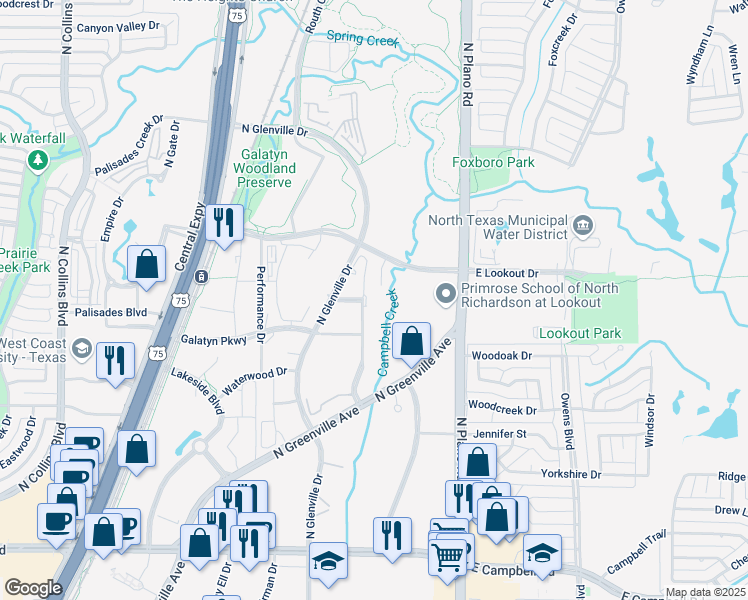 map of restaurants, bars, coffee shops, grocery stores, and more near 2400 North Glenville Drive in Richardson