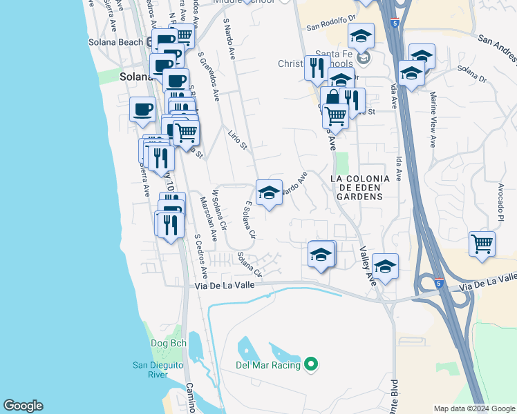 map of restaurants, bars, coffee shops, grocery stores, and more near 634 East Solana Circle in Solana Beach