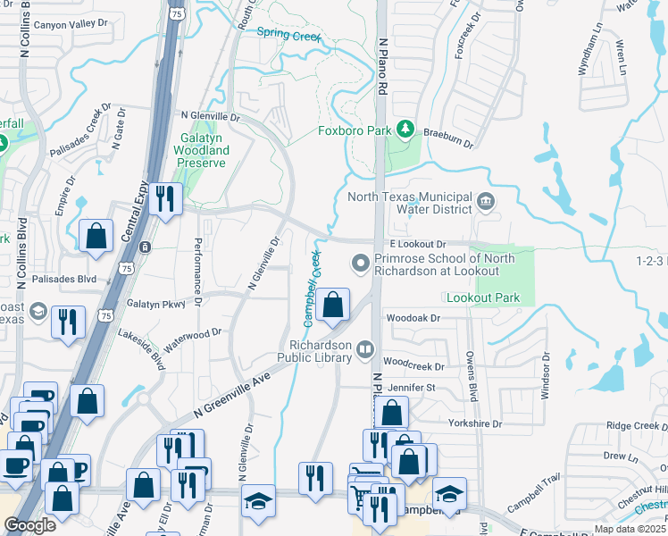 map of restaurants, bars, coffee shops, grocery stores, and more near 1300 East Lookout Drive in Richardson
