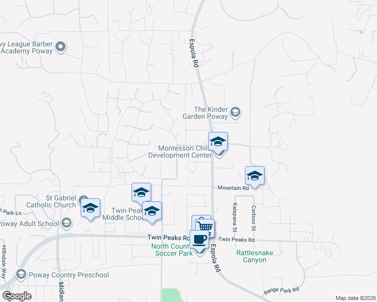 map of restaurants, bars, coffee shops, grocery stores, and more near 14105 Durhullen Drive in Poway