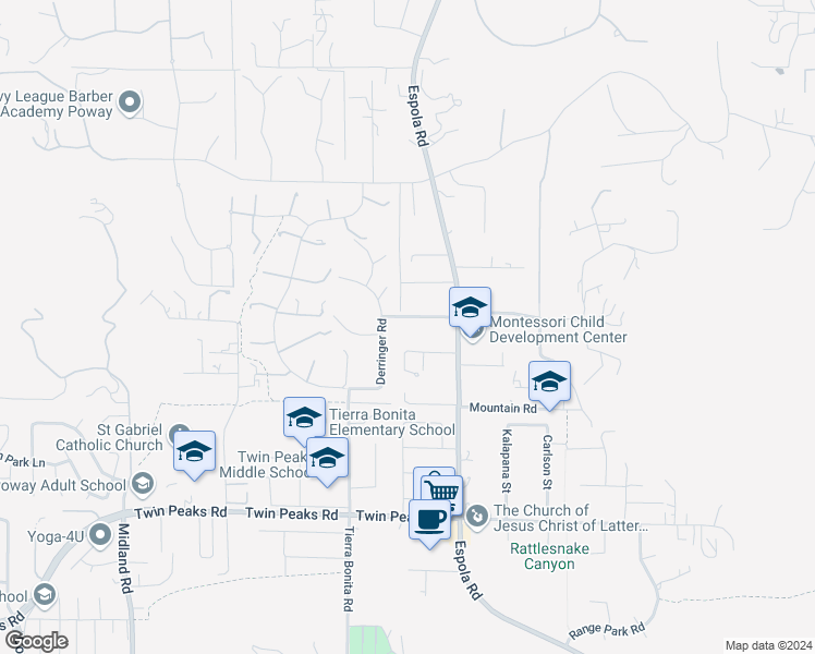 map of restaurants, bars, coffee shops, grocery stores, and more near 14105 Durhullen Drive in Poway