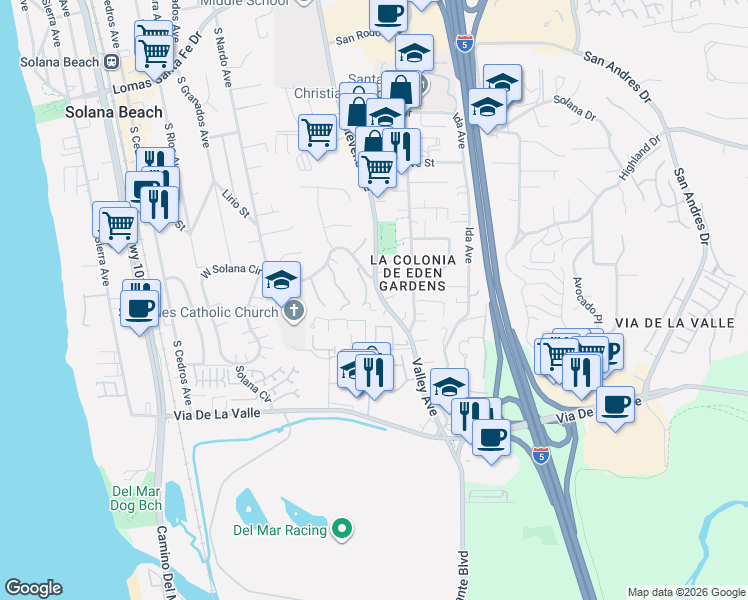 map of restaurants, bars, coffee shops, grocery stores, and more near 802 1/2 Stevens Avenue in Solana Beach