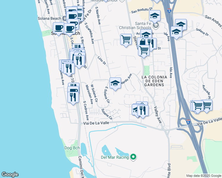 map of restaurants, bars, coffee shops, grocery stores, and more near 625 South Nardo Avenue in Solana Beach