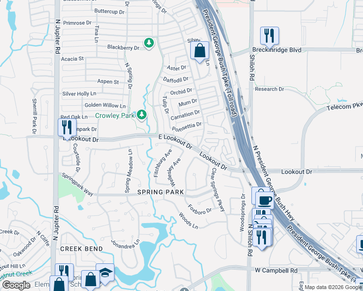 map of restaurants, bars, coffee shops, grocery stores, and more near 2668 Lookout Drive in Richardson