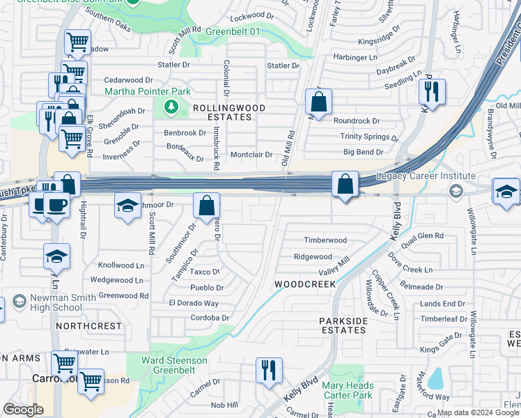 map of restaurants, bars, coffee shops, grocery stores, and more near 2240 East Trinity Mills Road in Carrollton