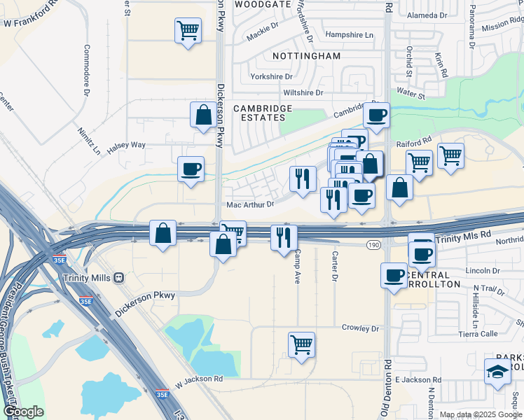 map of restaurants, bars, coffee shops, grocery stores, and more near 1330 Mac Arthur Drive in Carrollton