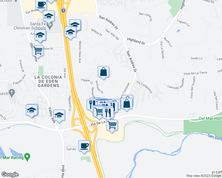map of restaurants, bars, coffee shops, grocery stores, and more near 941 Avocado Place in Del Mar