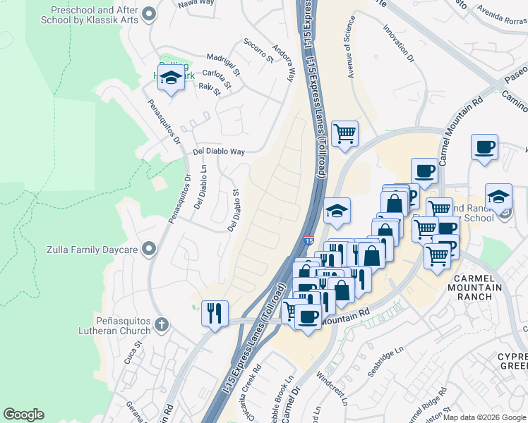 map of restaurants, bars, coffee shops, grocery stores, and more near 12606 Elizabeth Way in San Diego