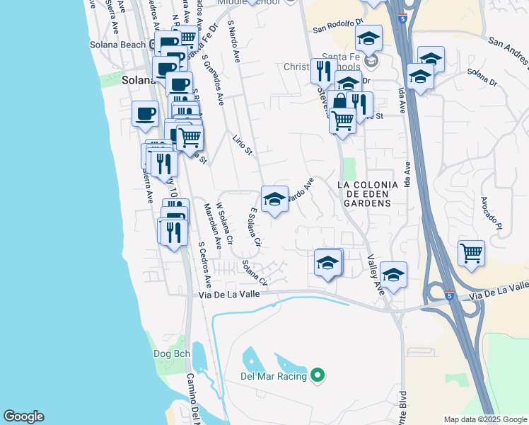 map of restaurants, bars, coffee shops, grocery stores, and more near 638 East Solana Circle in Solana Beach