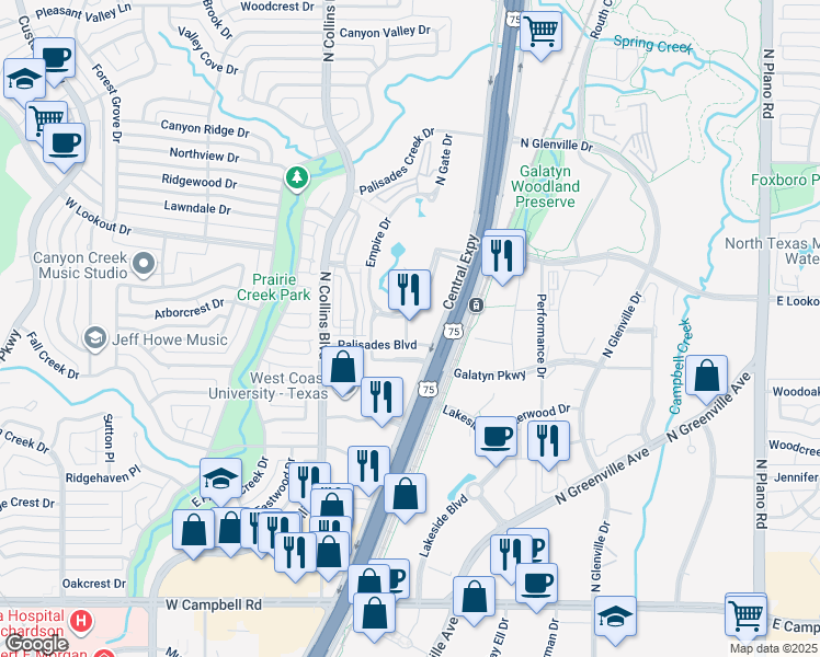 map of restaurants, bars, coffee shops, grocery stores, and more near 2425 North Central Expressway in Richardson