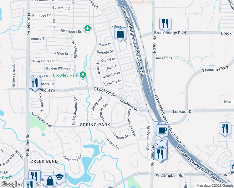 map of restaurants, bars, coffee shops, grocery stores, and more near 2668 Lookout Drive in Garland