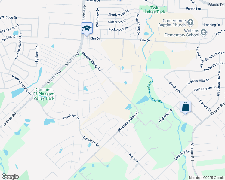 map of restaurants, bars, coffee shops, grocery stores, and more near 6405 Pleasant Valley Road in Wylie