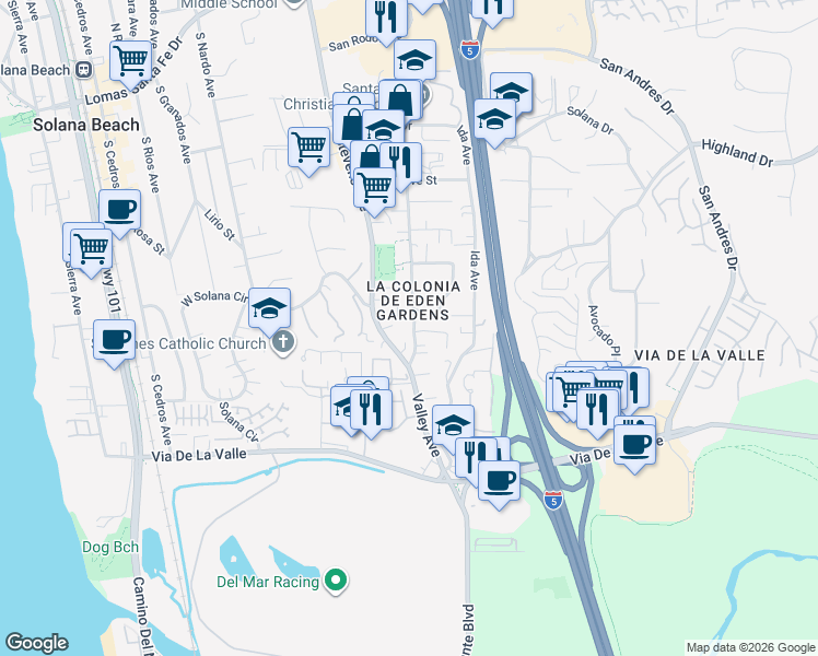 map of restaurants, bars, coffee shops, grocery stores, and more near 825 Valley Avenue in Solana Beach