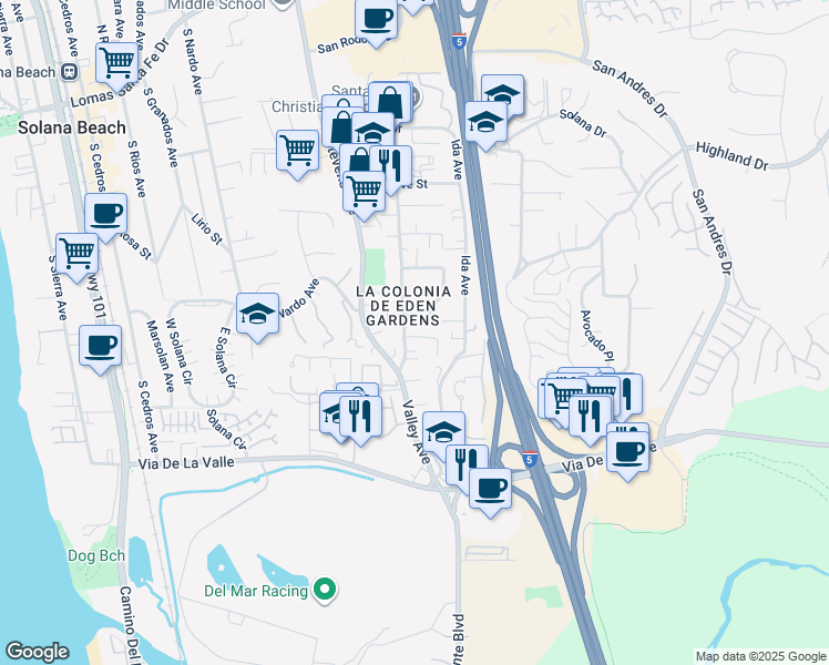 map of restaurants, bars, coffee shops, grocery stores, and more near 700 Valley Avenue in Solana Beach