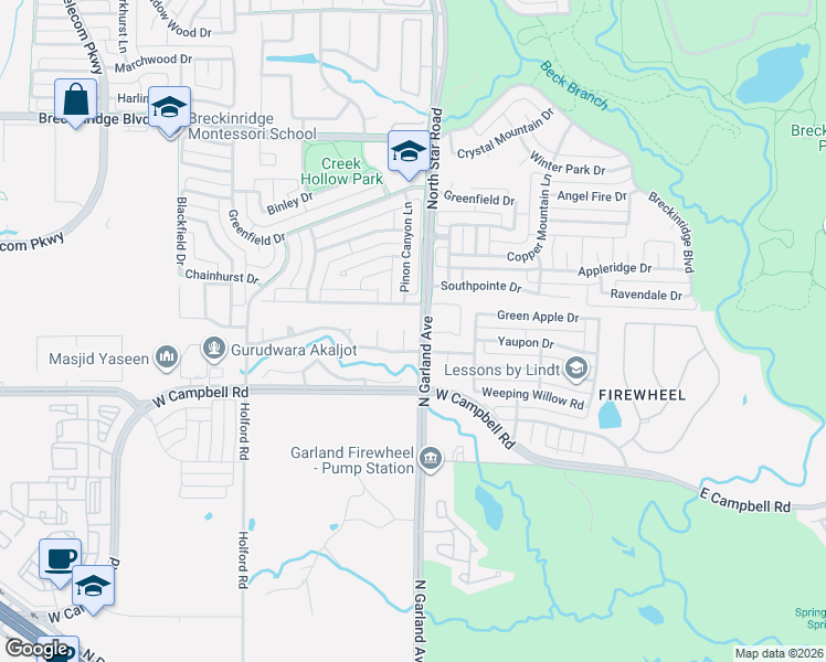 map of restaurants, bars, coffee shops, grocery stores, and more near 4160 Tabernash in Richardson