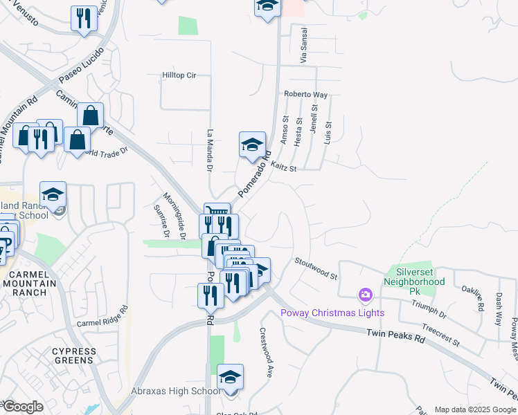 map of restaurants, bars, coffee shops, grocery stores, and more near 14903 Conchos Drive in Poway