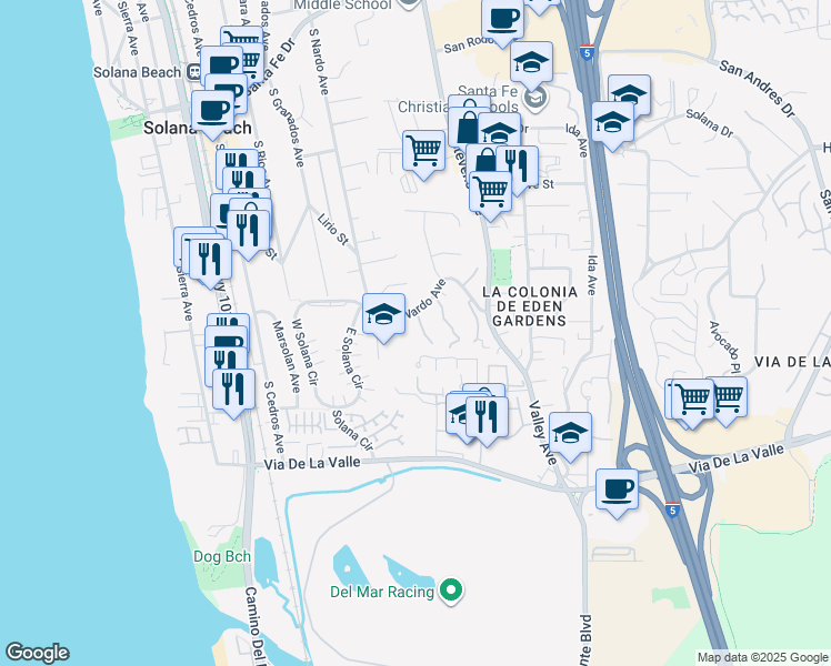 map of restaurants, bars, coffee shops, grocery stores, and more near 665 South Nardo Avenue in Solana Beach