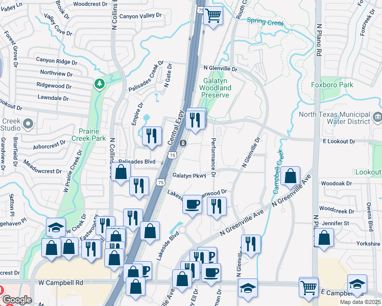 map of restaurants, bars, coffee shops, grocery stores, and more near 2323 Plaza Boulevard in Richardson