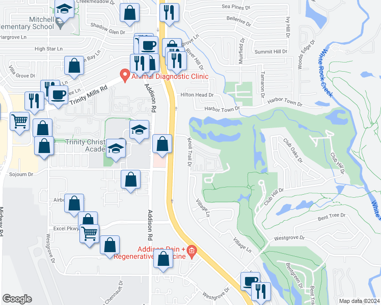 map of restaurants, bars, coffee shops, grocery stores, and more near 17260 Knoll Trail Drive in Dallas