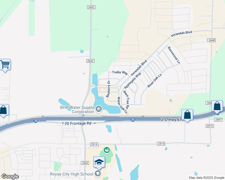 map of restaurants, bars, coffee shops, grocery stores, and more near 3000 Burwood Lane in Royse City