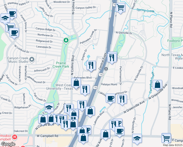 map of restaurants, bars, coffee shops, grocery stores, and more near 2425 North Central Expressway in Richardson