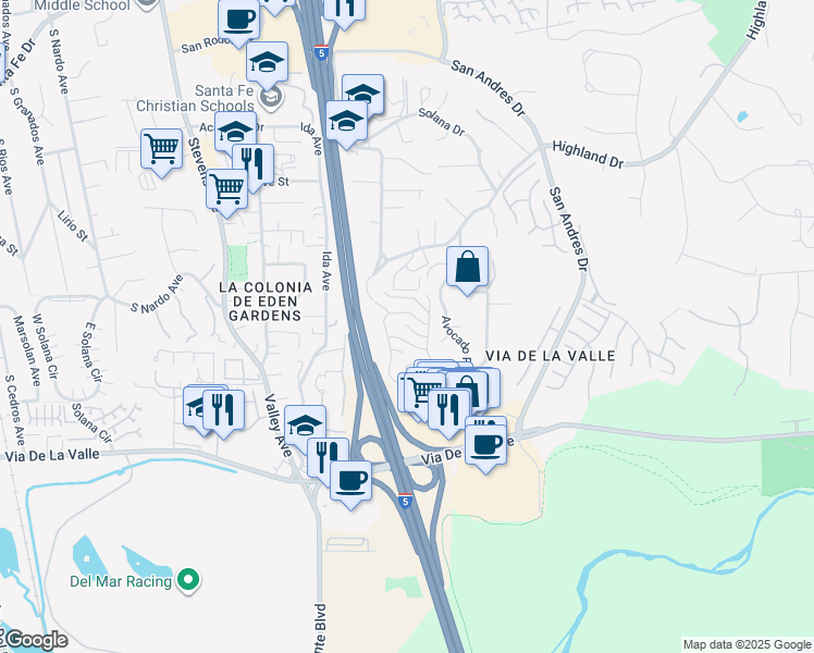 map of restaurants, bars, coffee shops, grocery stores, and more near 1034 America Way in Del Mar