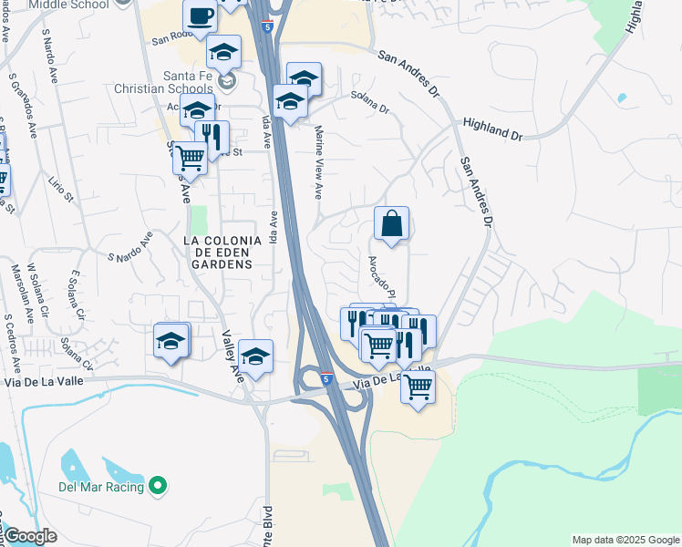 map of restaurants, bars, coffee shops, grocery stores, and more near 1043 Freedom Court in Del Mar