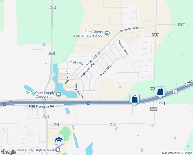 map of restaurants, bars, coffee shops, grocery stores, and more near 1217 River Oak Lane in Royse City