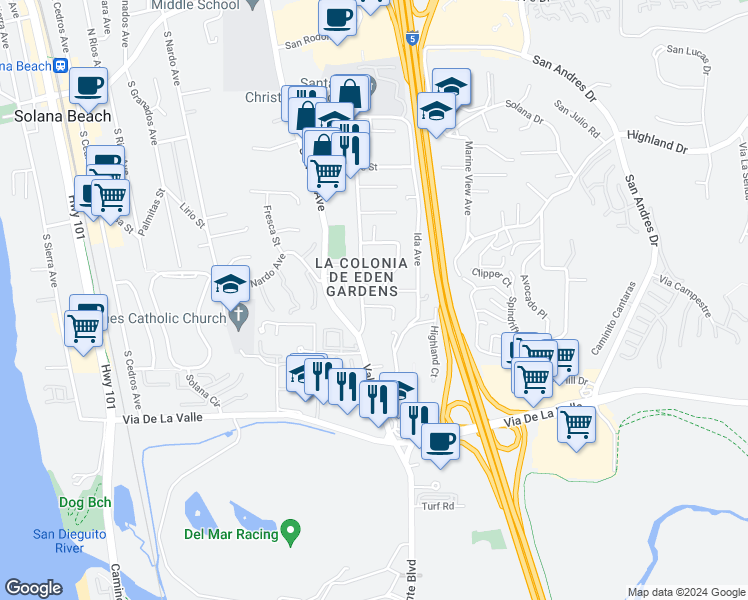 map of restaurants, bars, coffee shops, grocery stores, and more near 812 Viva Court in Solana Beach